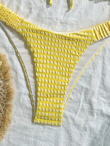 Swim Mod Textured Fabric Ruched Front Tie Bow Waist Pleated Cute Sweet Fashion Lively Party 2-Piece Bikini Set Set - Yellow - View 5