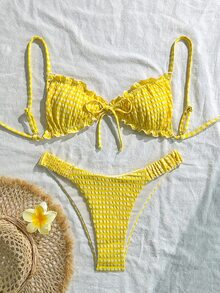 Swim Mod Textured Fabric Ruched Front Tie Bow Waist Pleated Cute Sweet Fashion Lively Party 2-Piece Bikini Set Set - Yellow - View 2