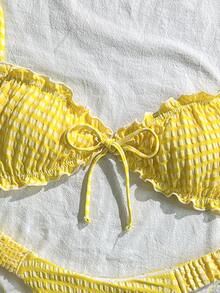 Swim Mod Textured Fabric Ruched Front Tie Bow Waist Pleated Cute Sweet Fashion Lively Party 2-Piece Bikini Set Set - Yellow - View 4