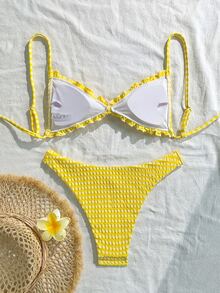 Swim Mod Textured Fabric Ruched Front Tie Bow Waist Pleated Cute Sweet Fashion Lively Party 2-Piece Bikini Set Set - Yellow - View 6