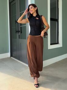 Yohana Edit 女款黑色夏季植物圖案綁帶領修身上衣，優雅時尚夜店派對上衣，極簡波希米亞 Y2K 度假海灘上班上衣 - 黑色 - 查看 6