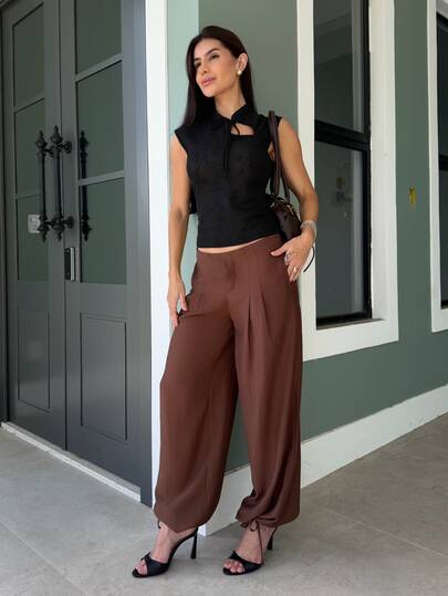 Yohana Edit Brown Summer Casual City Break Vacation Linen Pants For Women,Y2k Vintage Barrel Pants Streetwear,Elegant Concert Festival Vacation Outfits Vacation