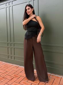 Yohana Edit 女款黑色夏季優雅夜出蕾絲拼接扭結單肩上衣，不對稱蕾絲飾邊抓皺無袖Y2K露背短版背心上衣 - 黑色 - 查看 6