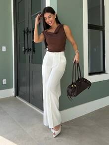 Yohana Edit Women's Brown Cowl Neck Ruched Regular Length Tank Top - Brown - View 6