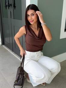 Yohana Edit Women's Brown Cowl Neck Ruched Regular Length Tank Top - Brown - View 5