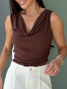 Yohana Edit Women's Brown Cowl Neck Ruched Regular Length Tank Top - Brown - View 3