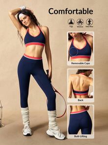 VARSIVA Women's Halter Neck Bra And Leggings Sports Activewear Set - Navy Blue - View 1