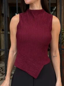 Yohana Edit 女士勃艮第红纹理高领不对称下摆修身背心、红色上衣、不对称针织纹理上衣、短款上衣、商务休闲女装、万圣节服装、秋季女装 - 酒紅色 - 查看 6