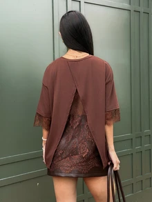 Yohana Edit Women's New Lace Patchwork Hollow Back Casual Short Sleeve Top - Brown - View 2