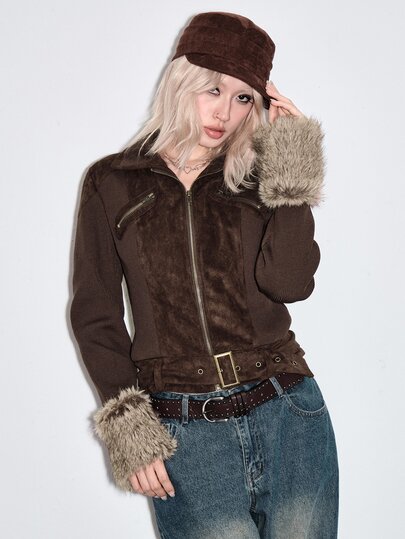 Chaqueta de mujer vintage hippie estilo temprano Y2K para otoño/invierno, cálida, ajustada, con patchwork de felpa, estilo hot girl