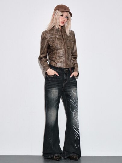 Giacca da donna sexy aderente con borchie colore bronzo stile vintage hippie Autunno/Inverno