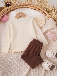 SHEIN 新生兒花卉圖案長袖冬季上衣與長褲休閒日常套裝 - 米色 - 查看 2
