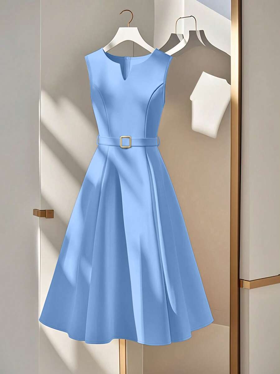 INAWLY Elegant French Metal Buckle Waist Cinched Waist Bodycon Casual Dress For Women Brunch Office Sky Blue Summer - Blue - View 1