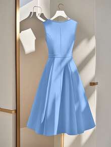INAWLY Elegant French Metal Buckle Waist Cinched Waist Bodycon Casual Dress For Women Brunch Office Sky Blue Summer - Blue - View 2