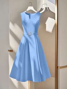 INAWLY Elegant French Metal Buckle Waist Cinched Waist Bodycon Casual Dress For Women Brunch Office Sky Blue Summer - Blue - View 3