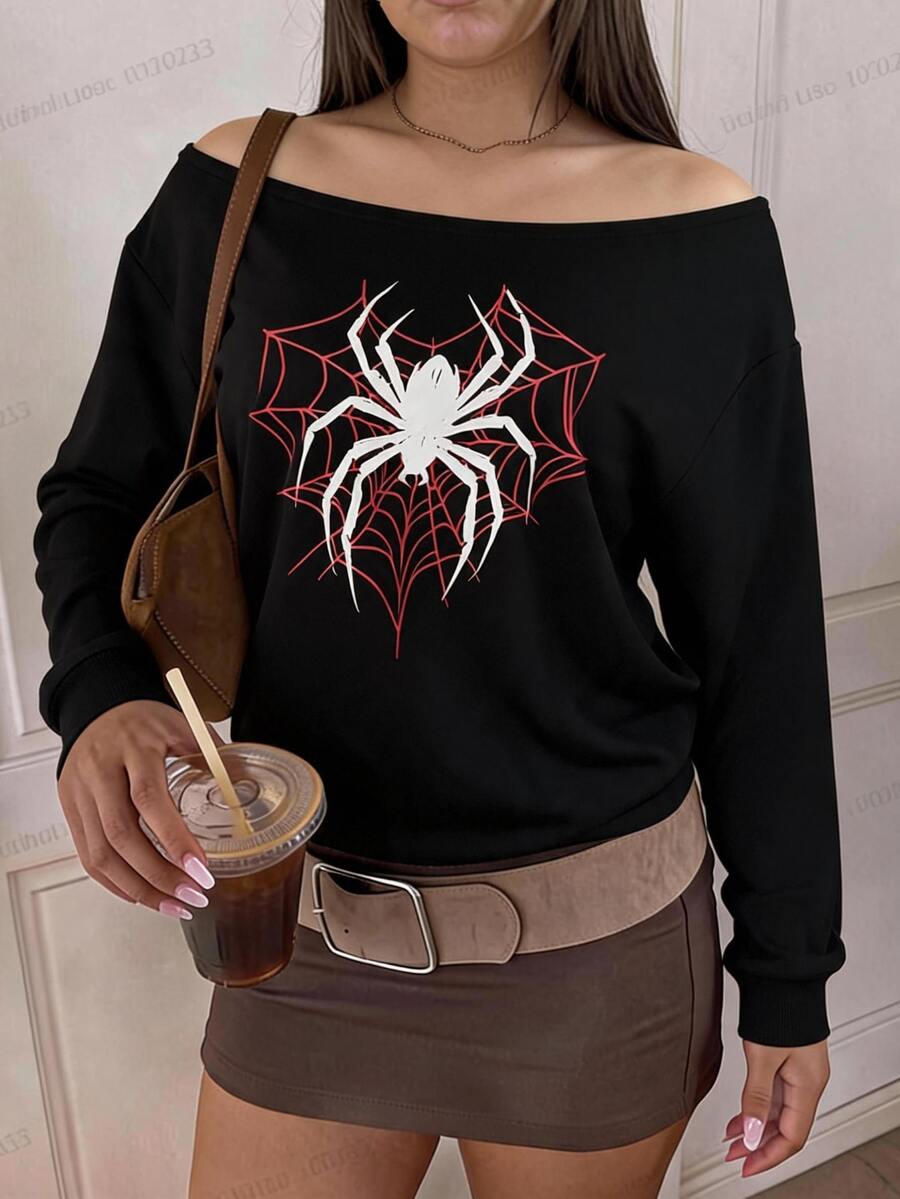 Comfortcana Plus Size Women's Spider Pattern Casual Everyday Long Sleeve Sweatshirt - Black - View 1