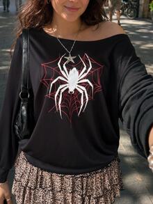 Comfortcana Plus Size Women's Spider Pattern Casual Everyday Long Sleeve Sweatshirt - Black - View 2
