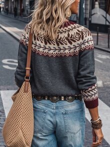 LanaWest Women's Multi-Color Jacquard Knit Soft Pearl Button Slimming Commuter Short Vintage Fair Isle Nordic Style Cardigan - Multicolor - View 2