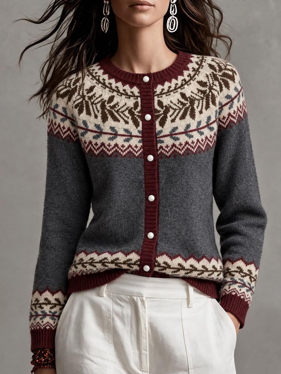 LanaWest Women's Multi-Color Jacquard Knit Soft Pearl Button Slimming Commuter Short Vintage Fair Isle Nordic Style Cardigan - Multicolor - View 1