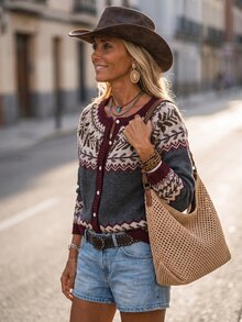 LanaWest Women's Multi-Color Jacquard Knit Soft Pearl Button Slimming Commuter Short Vintage Fair Isle Nordic Style Cardigan - Multicolor - View 5