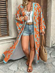 Ceyna Plus Size Women's New Elegant Multi-Color Bohemian Style Colorful Paisley Pattern Open Front Long Sleeve Long Cardigan Outerwear Fall - Blue - View 5