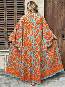 Ceyna Plus Size Women's New Elegant Multi-Color Bohemian Style Colorful Paisley Pattern Open Front Long Sleeve Long Cardigan Outerwear Fall - Blue - View 2