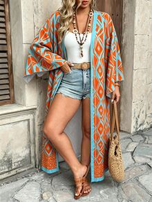 Ceyna Plus Size Women's New Elegant Multi-Color Bohemian Style Colorful Paisley Pattern Open Front Long Sleeve Long Cardigan Outerwear Fall - Blue - View 1