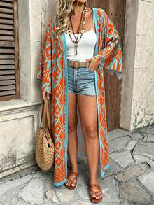 Ceyna Plus Size Women's New Elegant Multi-Color Bohemian Style Colorful Paisley Pattern Open Front Long Sleeve Long Cardigan Outerwear Fall - Blue - View 4