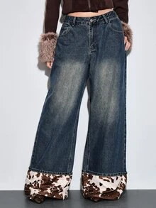 ROMWE Celana Jeans Wanita Longgar Kasual Pinggang Rendah Motif Sapi Gaya Barat Retro Y2K dengan Dekorasi Rivet - Biru - View 1