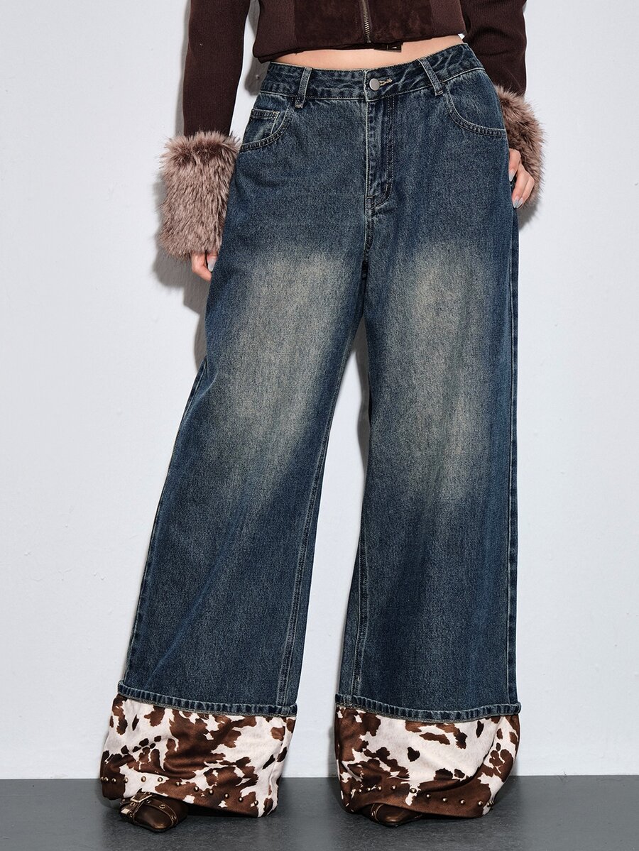 ROMWE Celana Jeans Wanita Longgar Kasual Pinggang Rendah Motif Sapi Gaya Barat Retro Y2K dengan Dekorasi Rivet - Biru - View 1