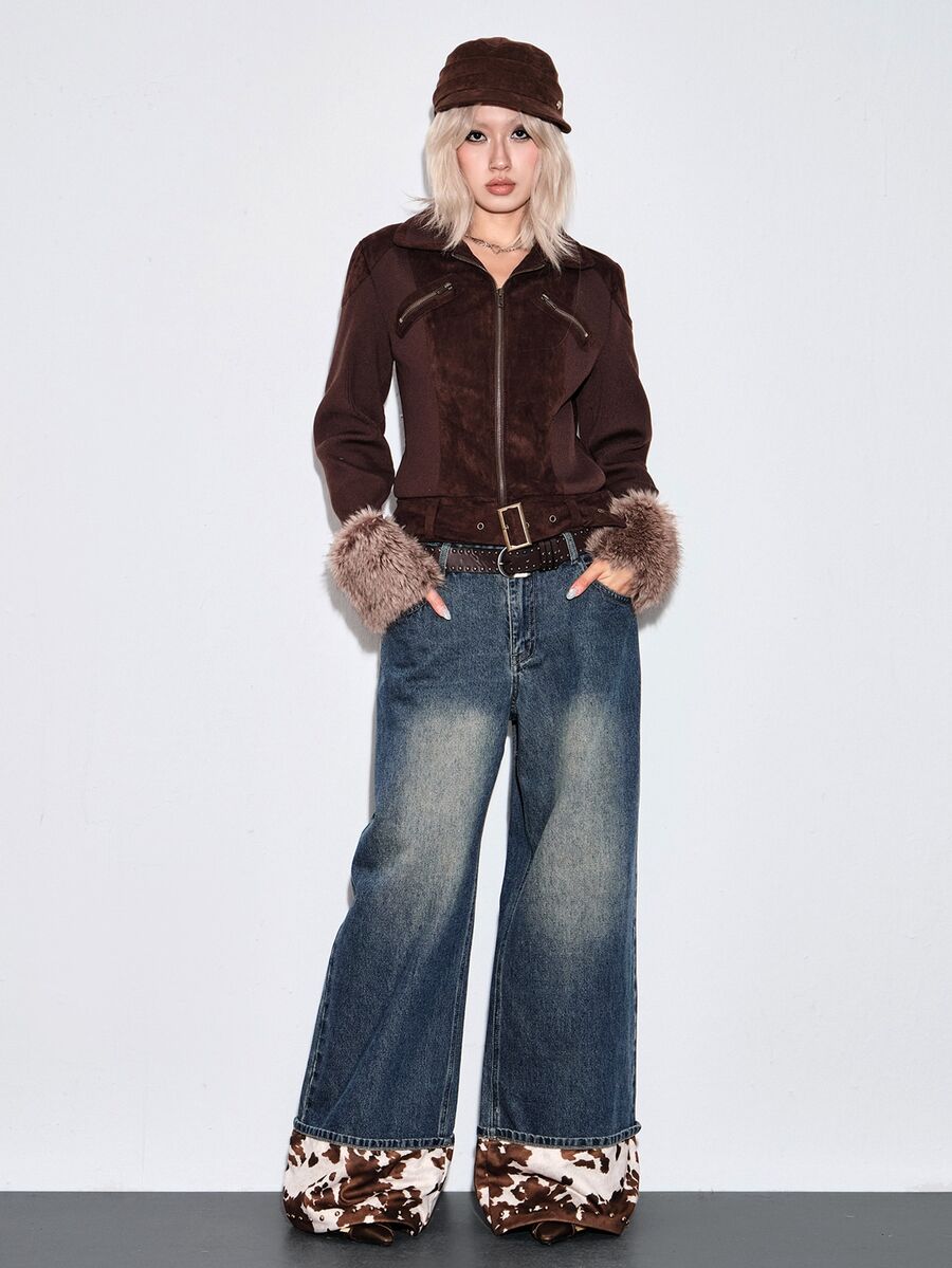 ROMWE Y2K Retro Cow Print Western Style Rivet Decor Loose Casual Low Waist Women's Jeans - Blue - View 1