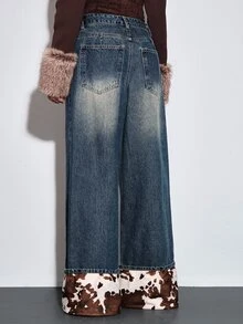 ROMWE Celana Jeans Wanita Longgar Kasual Pinggang Rendah Motif Sapi Gaya Barat Retro Y2K dengan Dekorasi Rivet - Biru - View 3