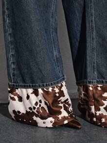 ROMWE Celana Jeans Wanita Longgar Kasual Pinggang Rendah Motif Sapi Gaya Barat Retro Y2K dengan Dekorasi Rivet - Biru - View 6