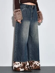ROMWE Celana Jeans Wanita Longgar Kasual Pinggang Rendah Motif Sapi Gaya Barat Retro Y2K dengan Dekorasi Rivet - Biru - View 4