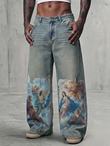 AXEPEAK Men's Vintage Character Print Casual Denim Jeans - Blue - View 8