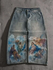 AXEPEAK Men's Vintage Character Print Casual Denim Jeans - Blue - View 1