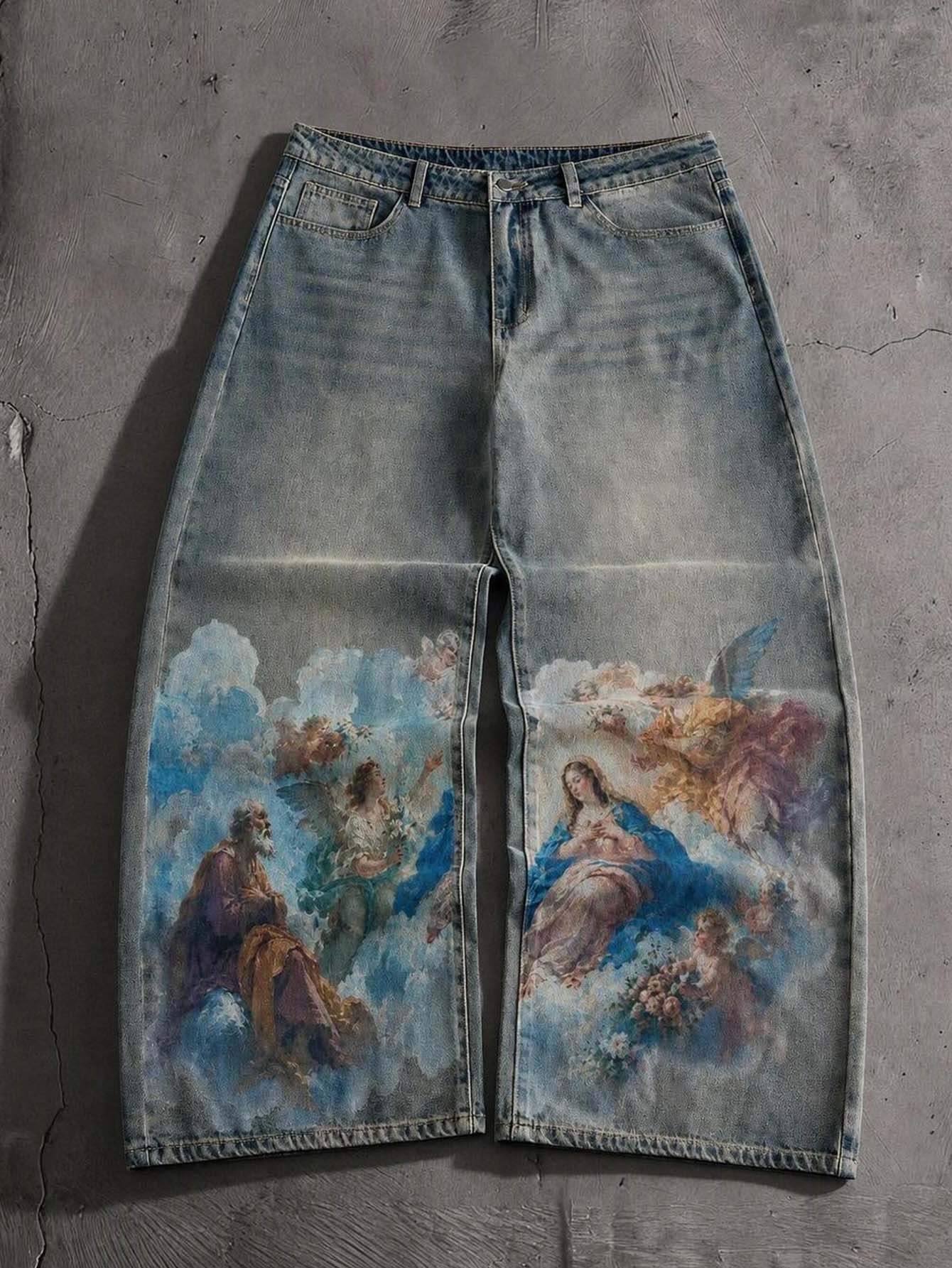 AXEPEAK Men's Vintage Character Print Casual Denim Jeans - Blue - View 1