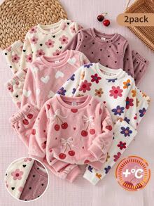 Set Piyama Bayi Perempuan Lucu & Nyaman, Lembut dan Halus, Motif Ceri Merah Muda di Seluruh Permukaan, Leher Bulat, Lengan Panjang, dan Celana, 2 Potong - Dusty Pink - View 1