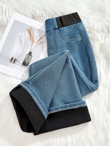 SHEIN 青少年女孩秋冬復古藍色針織丹寧彈性緊身喇叭褲 女孩牛仔風休閒套裝 - 藍色 - 查看 7
