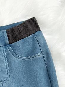 SHEIN 青少年女孩秋冬復古藍色針織丹寧彈性緊身喇叭褲 女孩牛仔風休閒套裝 - 藍色 - 查看 5