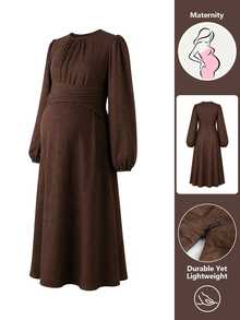 Momance Maternity Dress With Small Round Neck, Waist Knot, Cross A-Line Hem, Grey Woven Fabric Dress - Dark Grey - View 9