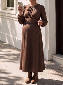 Momance Maternity Dress With Small Round Neck, Waist Knot, Cross A-Line Hem, Grey Woven Fabric Dress - Dark Grey - View 10
