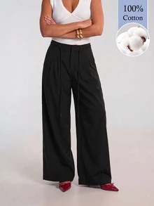 Avantive Women's Solid-Color Casual Wide-Leg Pants With Pockets (Autumn) - Black - View 8