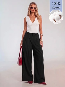 Avantive Women's Solid-Color Casual Wide-Leg Pants With Pockets (Autumn) - Black - View 4