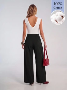 Avantive Women's Solid-Color Casual Wide-Leg Pants With Pockets (Autumn) - Black - View 3