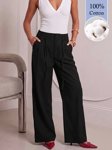 Avantive Women's Solid-Color Casual Wide-Leg Pants With Pockets (Autumn) - Black - View 5