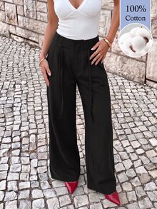 Avantive Women's Solid-Color Casual Wide-Leg Pants With Pockets (Autumn) - Black - View 9
