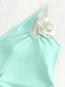 SHEIN Swim 女款一件式泳衣 3D花卉裝飾 淺綠色 夏季性感 海灘派對度假款 - 彩色 - 查看 4