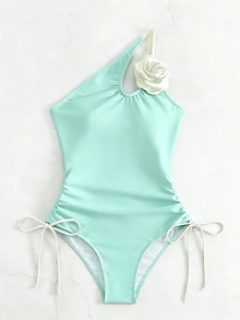 SHEIN Swim 女款一件式泳衣 3D花卉裝飾 淺綠色 夏季性感 海灘派對度假款 - 彩色 - 查看 3