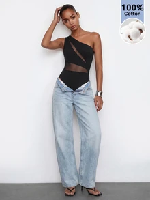 Maija Bodysuit Wanita Model Satu Bahu dengan Motif Jala dan Patchwork untuk Pemakaian Sehari-hari - Hitam - View 4